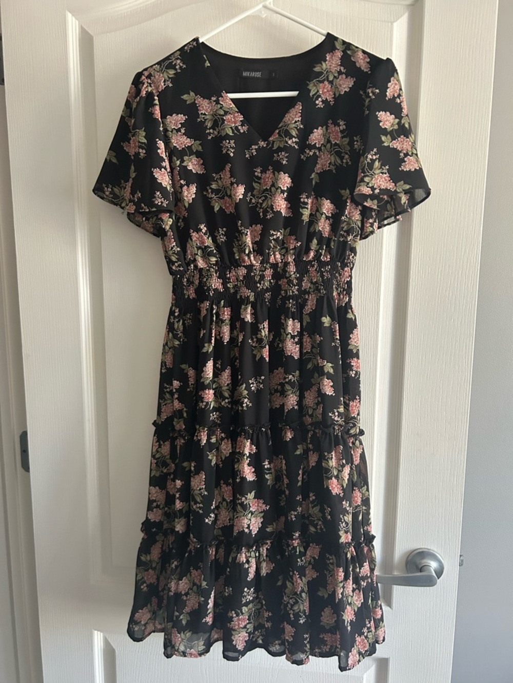 Mikarose Black V-Neck Floral Midi Dress with Pink and Green Accents